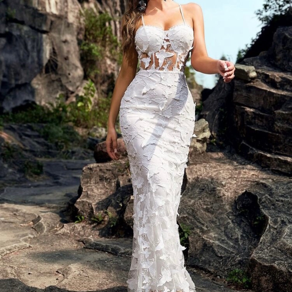 Lace white long butterfly cutout dress mermaid